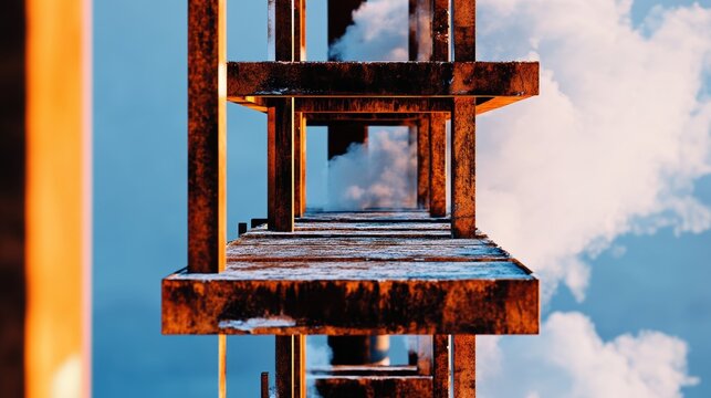 A detailed close-up of smokestacks at a fossil fuel power station, spewing gray and white smoke into a cloudy sky. The foreground shows rusted metal walkways and heavy-duty machinery. Dim, overcast li