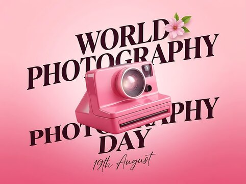 Celebrate world photography day with a pink instant camera and floral decoration design