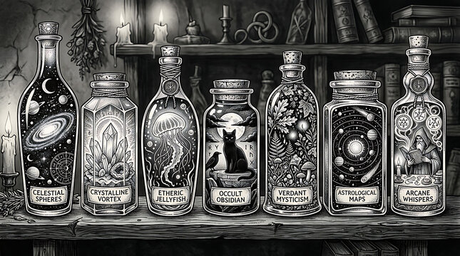 Vintage style collection of mystical potion bottles with magical labels