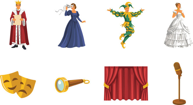Theater and Performance Set with King, Masquerade Lady, Jester, Actress, Comedy Tragedy Masks, Red Curtain, and Stage Elements Flat Vector Illustrations