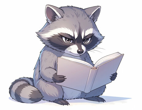 Cute cartoon raccoon sitting down and reading an open book vector illustration