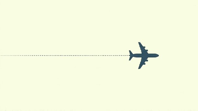 a commercial jet airplane flies across a clear light background leaving a dotted vapour trail behind it