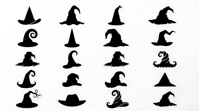 Assorted collection of black witch hat silhouettes with silhouette, halloween