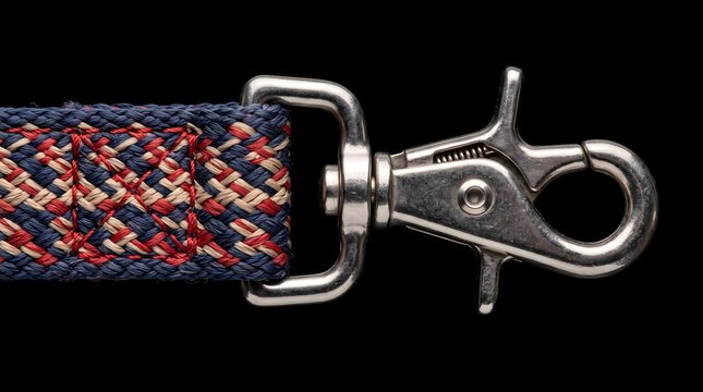 A metallic trigger clasp tightly secures a vibrant braided strap against a dark void, symbolizing unbreakable connections, steadfast security, and reliable bonds.