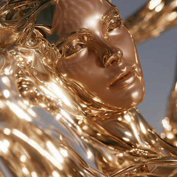 Golden Visage: A striking close-up of a sculpted face, rendered in lustrous gold, emerges from an abstract, fluid form, creating a mesmerizing interplay of light and shadow.