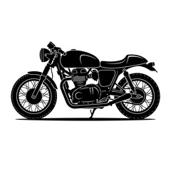 Obraz premium Vintage cafe racer motorcycle silhouette, classic retro motorbike vector illustration, black and white custom bike profile for garage and biker apparel