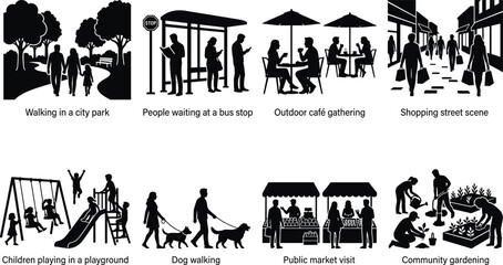 Fototapeta premium Community Lifestyle Silhouette Collection with Urban Public Activities and Outdoor Social Scenes