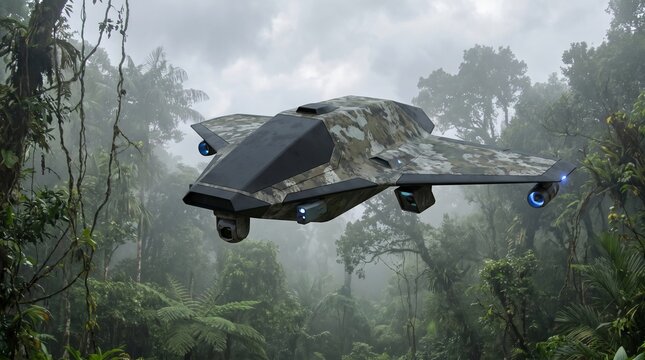 Futuristic stealth drone flying over a dense tropical rainforest in a misty environment.