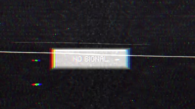 A stark 'no signal' message prominently displayed on a static-filled screen, depicting a broadcast interruption with a classic glitch effect and visual noise
