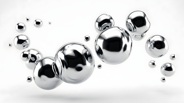 Abstract composition of liquid chrome spheres floating in a bright white studio environment 3d