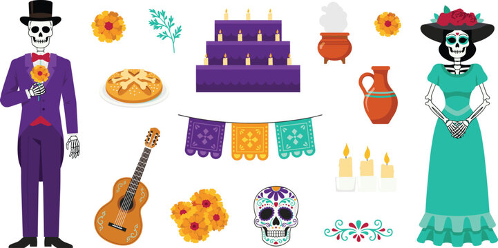Mexican Day of the Dead Vector Element Set with Catrin and Catrina Skeletons Altar Candles Guitar Sugar Skull and Pan de Muerto Bread