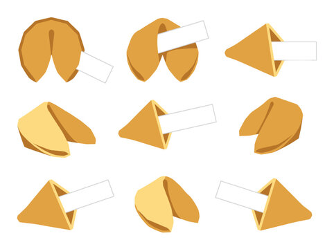 Collection of nine fortune cookies with blank white paper slips inside.