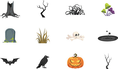 Fototapeta premium Spooky Halloween Forest Landscape Elements Vector Icon Set Featuring Gravestone Jack O Lantern Pumpkin Skull Flying Bat Raven and Poisonous Mushrooms