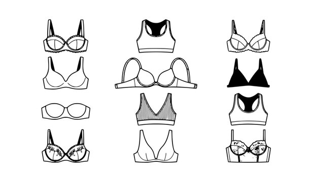 Women's Bra Collection Flat Vector Set with Modern Lingerie Styles Isolated on White Background