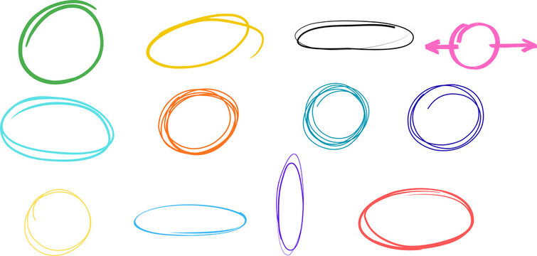 Set of hand drawn colorful ellipses made with marker. Oval frames for highlighting and outlining text Colorful circles in a row, hand drawn style on white Colorful hand drawn ink brush circle frames