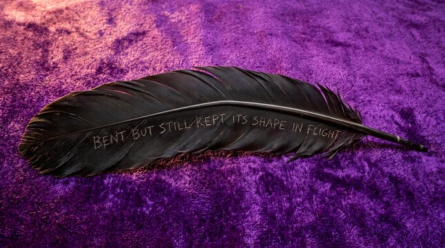 A black feather engraved with inspirational words rests on purple velvet, serving as a powerful metaphor for resilience, endurance, and maintaining strength despite adversity.