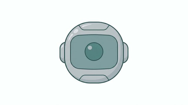 Animation of a simple grey robot head with a single glowing blue circular eye blinking and moving