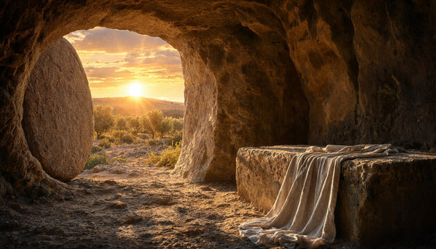 Bright morning sunlight rays shining into empty stone tomb cave with folded linen clothes on slab for traditional christian happy easter resurrection holiday religious celebration background.
