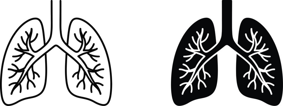 Human lungs vector icons set, respiratory system anatomical symbols, black and white lung silhouettes for medical healthcare infographics