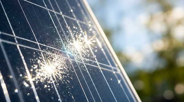 Solar panel surface with bright sun reflections and water droplets during daytime with bokeh background