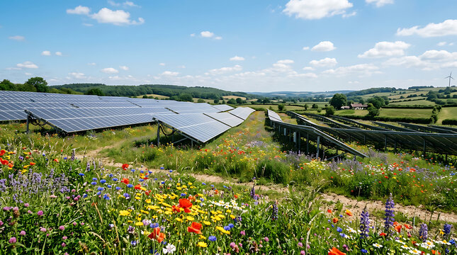 Solar panels in a wildflower meadow under a summer sky