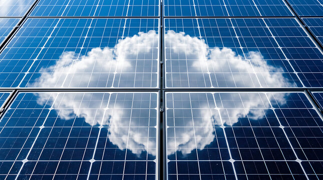 Solar panels reflecting a fluffy cloud against a vivid blue sky during daytime