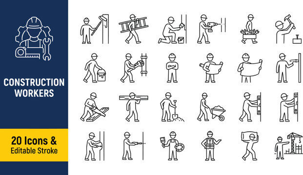 Construction workers line icon set, 20 professional builder and contractor icons with editable stroke, industrial labor and building site vector illustrations