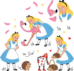 Fototapeta premium Alice in Wonderland Vector Character Set Featuring Croquet Game Scenes with Flamingos Hedgehogs and Playing Card Soldiers for Fairytale Storybook Designs