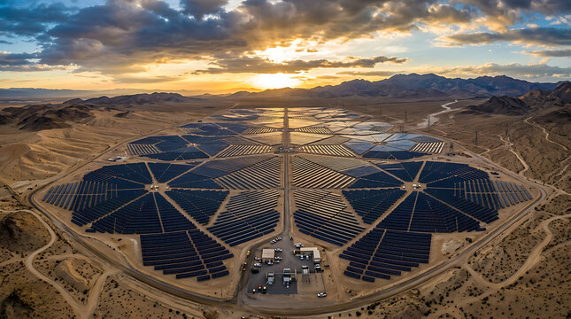 Vast solar farm array generating renewable energy during a dramatic desert sunset
