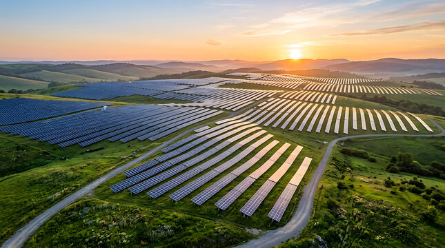 Vast solar farm array capturing golden hour sunlight across rolling green landscape