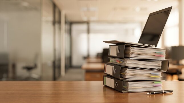 Towering stack of labeled compliance documents and tabbed files with a laptop, symbolizing due diligence, records management, audit preparation, paperwork overload