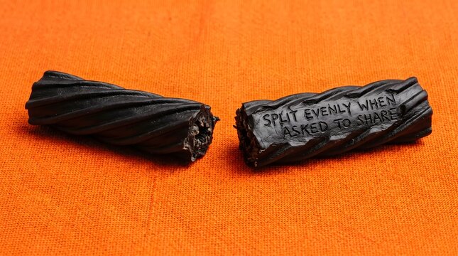 A black licorice stick broken unevenly bearing the inscription split evenly when asked to share, serving as an ironic metaphor for human greed, unfair division, and hypocrisy.
