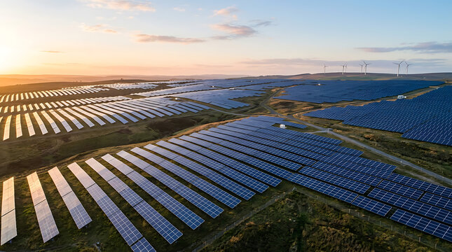 Vast solar farm bathed in golden sunset light generating renewable energy with wind turbines in distance