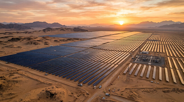 Vast solar farm generating renewable energy during golden hour sunset in arid landscape