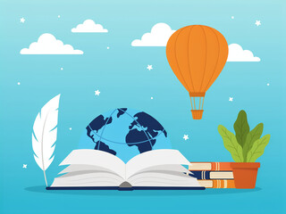 Educational concept illustration featuring an open book with globe and hot air balloon against blue sky education learning knowledge adventure illustration © MDJALAL
