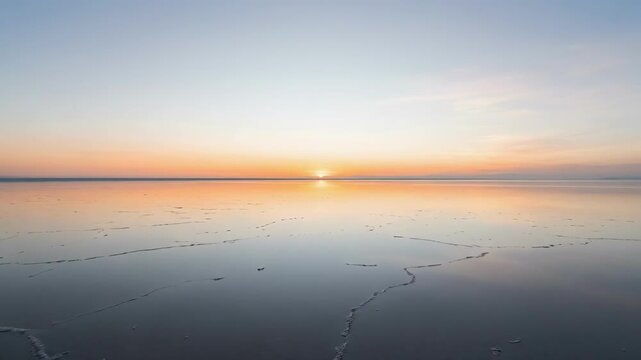 Calm sunset over a cracked reflective water surface with pastel sky