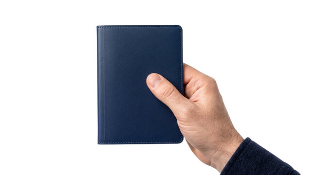 Navy blue passport cover held in hand, blank leather travel document holder, professional identification mockup for international tourism isolated PNG with Transparent Background