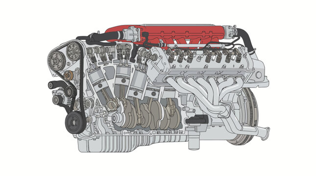 Detailed illustration of a modern internal combustion engine with red intake manifold.