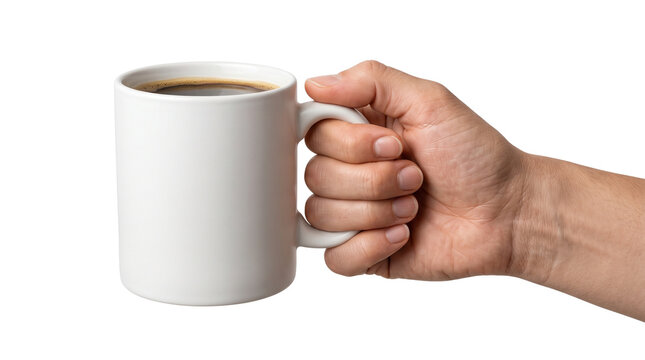 White ceramic coffee mug held by hand, person holding a cup of black coffee, minimalist morning beverage concept, blank porcelain tea cup isolated PNG with Transparent Background