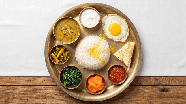Traditional nepali thali set featuring white rice with ghee fried egg lentils yogurt saut&eacute;ed greens pickles carrots tomato chutney and crispy papadum on brass plate