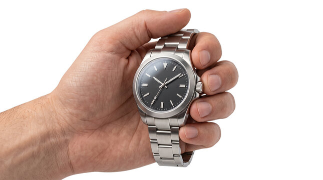 Luxury stainless steel wristwatch held in hand, elegant silver metal watch with black dial, premium masculine timepiece for professional style isolated PNG with Transparent Background
