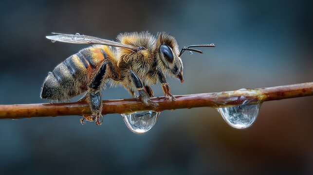 Honey bee collecting a water droplet on natural surface, close up wildlife macro, pollinating insect hydration behavior, summer nature, environmental conservation, beekeeping and biodiversity concept