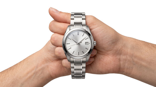 Luxury silver wristwatch held in hands, elegant stainless steel mens watch with metal bracelet, classic analog timepiece for business and fashion isolated PNG with Transparent Background
