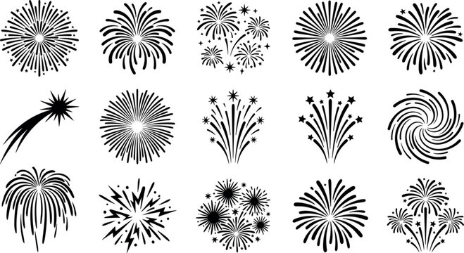 Festive celebration fireworks burst silhouette element vector set featuring vibrant starburst rocket explosion sparkles and black pyrotechnic graphic signs