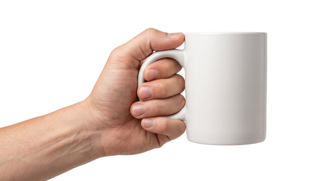 White ceramic mug held by male hand, blank coffee cup mockup for branding, minimalist porcelain tea mug for drinkware design presentation isolated PNG with Transparent Background