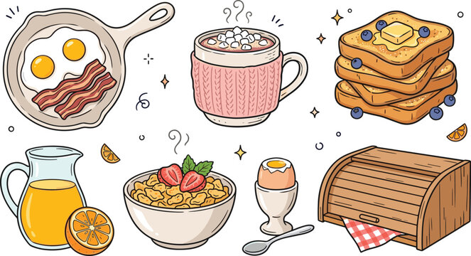 Delicious Breakfast Food Collection with Fried Eggs, Bacon, Toast, Cereal, Hot Chocolate, Orange Juice, and Kitchen Vector Elements