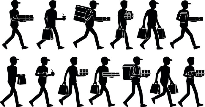Food delivery courier man silhouette vector set carrying pizza boxes grocery bags fast food packages and coffee drink containers