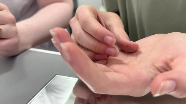 Hands placing contact lens into storage case on medical desk in optometry clinic, eye care routine, vision treatment.