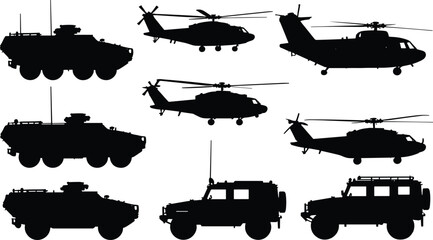 Obraz premium Military Vehicle and Helicopter Silhouette Collection Black Vector Icon Set