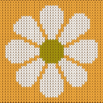 Seamless Knitting Pattern with White Daisy Flower on Mustard Orange Background